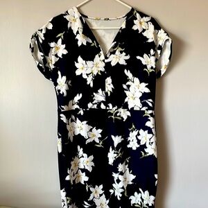 Black and White V-Neck Midi Dress with Short Sleeves